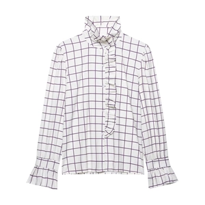 White and purple checkered ruffle collar long sleeve shirt with vintage bell cuffs