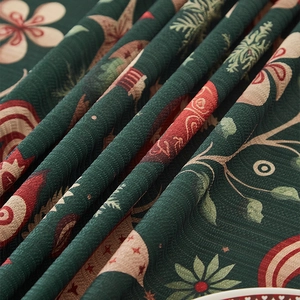 Macro shot of thick textured Christmas tablecloth with festive green and red patterns