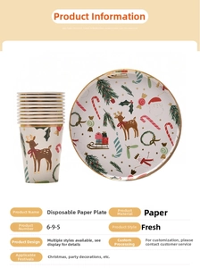 Detail of Christmas disposable tableware set with gold foil Santa and reindeer patterns