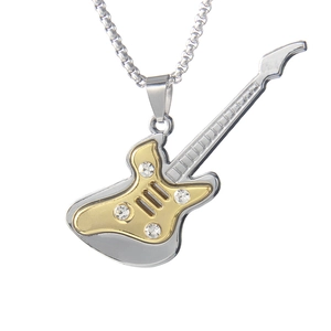 Silver guitar necklace with gold accents and sparkling crystal rhinestones for rock style