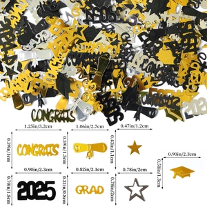 Detailed size guide for 2025 graduation confetti with gold, black and silver glitter shapes