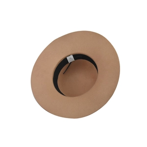 Detail view of khaki wool fedora interior showing sweatband and size 52 material label
