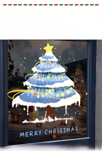 Détail d'un sticker de fenêtre sapin de Noël bleu avec texte Merry Christmas pour déco