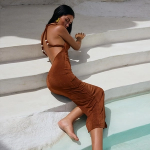 Sexy brown halter backless midi dress for summer vacation with a subtle shimmer texture