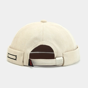 Retro beige suede miki hat with adjustable metal buckle and minimalist embroidery