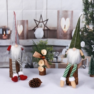 Christmas Gnome Doll Faceless Swedish Tomte Ornament Long Legs Burlap Knit Faux Fur Wood Base Forest Style Home Decor