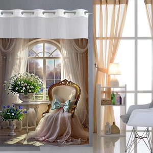 Detail of 3D digital print shower curtain with classic garden and chair scenery