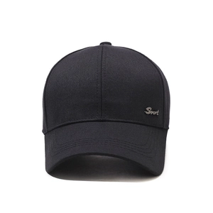 Classic black cotton baseball cap with silver Sport metal logo for casual outdoor wear