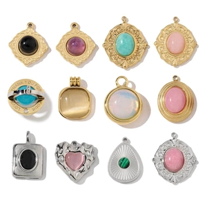 Vintage French Natural Stone Stainless Steel Necklace Pendant Charms Heart Oval Square DIY Jewelry Making Accessories