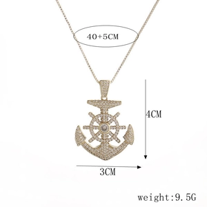 Golden hip-hop anchor pendant necklace with rhinestones and 40+5cm chain size specs