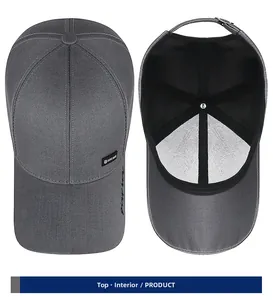 Detailed top and inner view of dark grey cotton baseball cap with adjustable metal buckle