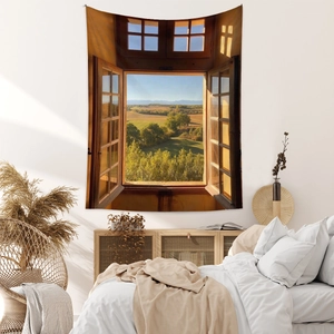 Detail view of Bohemian tapestry showing a realistic window landscape with golden fields