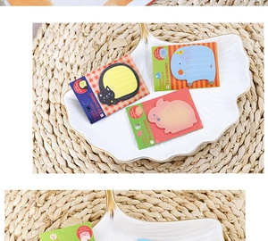 Three animal-shaped sticky notes featuring black cat, blue elephant, and pink rabbit designs