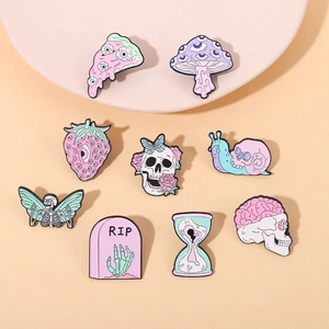 9pcs set of pink punk skull enamel pins featuring snails, mushrooms, and RIP gravestones