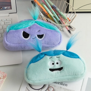 Funny cartoon plush pencil cases with colorful hair and embroidered faces in vivid colors
