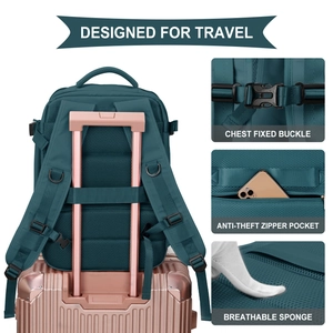 Green travel backpack detailing chest buckle, anti-theft pocket and trolley sleeve