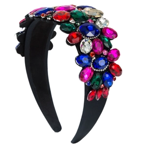 Luxury Baroque headband with colorful crystals and rhinestones on black padded base