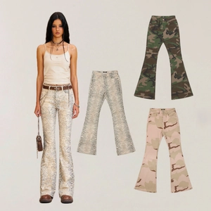 Damen Schlagjeans Baumwolle Denim Niedrige Taille Camouflage Schlangen Print Slim Fit Streetwear Hose