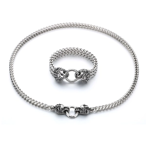 Hip hop style silver lion head necklace and bracelet set in stainless steel for men