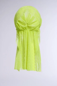Close-up of fluorescent green mesh turban with sparkling rhinestones for party hair decor