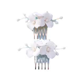 Elegant white ceramic magnolia flower hair combs with pearls for bridal wedding styling