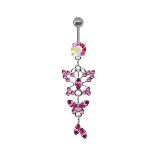Piercing de nombril argenté avec pendentif papillon rose et zircons scintillants