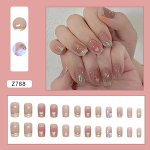 French blush heart press-on nails set with glitter and gold hearts, 24pcs pack