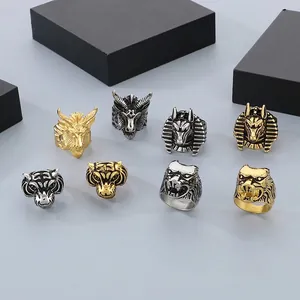Mens Vintage Punk Gothic Animal Head Rings Stainless Steel Tiger Wolf Sheep Anubis 3D Embossed Biker Zodiac Jewelry