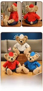 Detailed views of dressed teddy bears in colorful jackets and caps from multiple angles