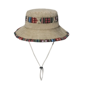 Washed Canvas Bucket Hat Wide Brim Ethnic Band Boonie Hat Adjustable Drawstring Outdoor Hiking Fishing Vintage Style