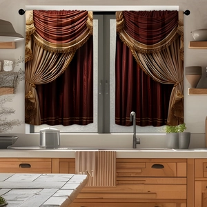 Luxe burgundy and gold kitchen curtains with elegant pleats and decorative tassels