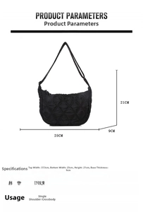 Size specifications and macro view of the black quilted crossbody bag with strap length