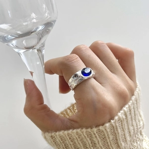 925 Sterling Silver Ring Oval Blue Zircon Irregular Hammered Texture Adjustable Open Band Korean Style Elegant Jewelry