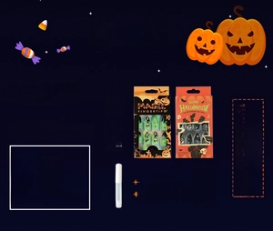 Detail of Halloween almond fake nails set featuring red 3D blood ombre and 24-piece packaging