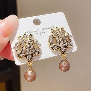 Boucles d'oreilles vintage S925 en or avec strass brillants et perles moka