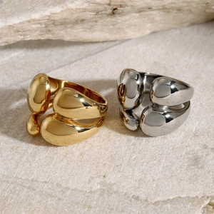 Minimalist double layer irregular stainless steel rings in polished gold and silver