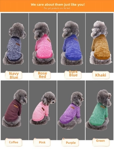 Collage of knitted dog sweaters in eight colors featuring leather patches and warm wool