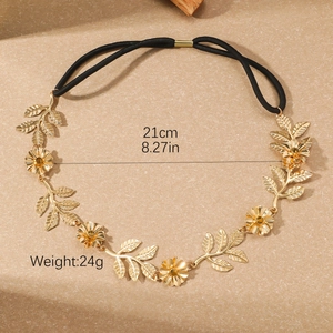 Detailansicht des 21 cm goldenen Blumen- Stirnbands mit Blättern und Maßen sowie Gummiband