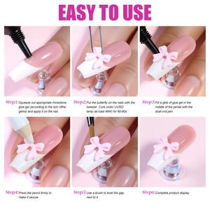 Step-by-step guide for applying pink resin bow nail charms using UV gel glue