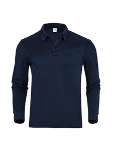 Close-up of navy blue mesh polo shirt showing breathable fabric texture and chest pocket