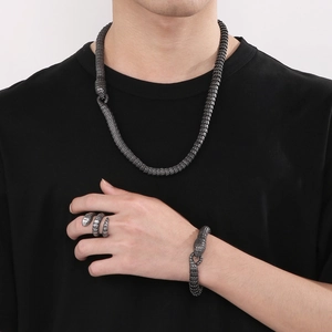 Men Stainless Steel Snake Scale Necklace Bracelet And Ring Vintage Punk Gothic Animal Jewelry