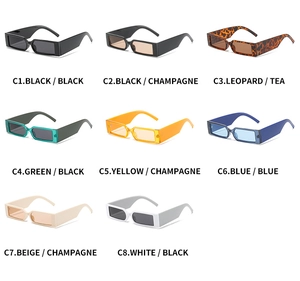 Matrix display of vintage rectangle sunglasses in eight trendy colors and various lenses