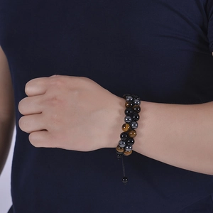 Men's double-layered bracelet with 10mm tiger eye stones and dark hematite beads
