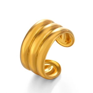 Minimalist gold plated wide triple layer open ring with polished metallic finish