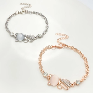 Charming cat-shaped opal bracelets in silver and rose gold finishes with crystal accents