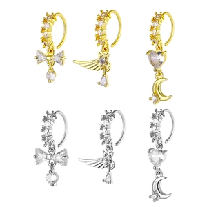 Golden and silver heart pendant nose rings with zircon inlays in various styles