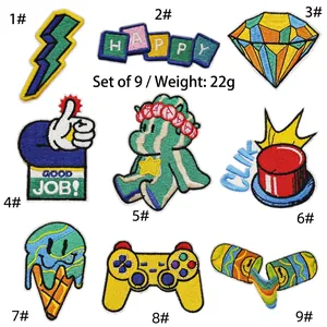 Detail of 9-piece cartoon embroidery patch set with colorful designs weighing 22 grams