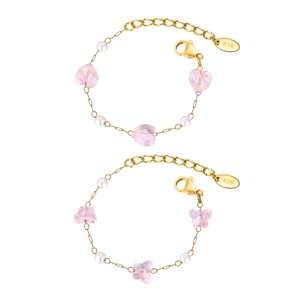 Gold plated stainless steel bracelet with pink hearts, butterflies and pearls