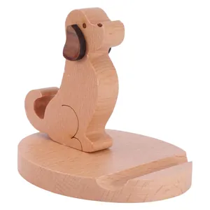 Cute dog shaped wooden cell phone stand crafted from solid wood for desk decoration