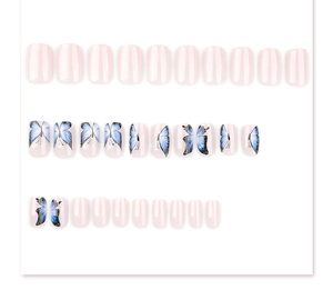 Flat lay of pink press on nails featuring detailed blue butterfly art on white background